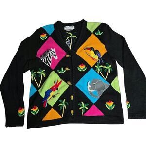 Jack B. Quick Vtg 3D Knit Cardigan M Jungle Motif Beaded Embroidered Granny